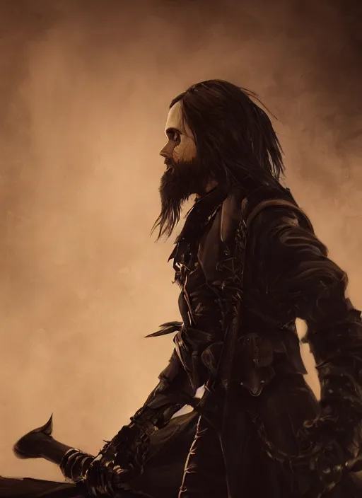 Image similar to A fantasy comic book style portrait painting of Jared Leto as a witchhunter in a atmospheric dark fortress, unreal 5, DAZ, hyperrealistic, octane render, RPG portrait, ambient light, dynamic lighting
