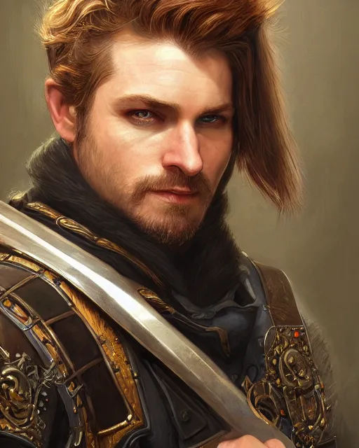 Image similar to white male rogue bard portrait | highly detailed | very intricate | symmetrical | cinematic lighting | award - winning | closeup portrait | painted by donato giancola and mandy jurgens and charlie bowater | featured on artstation