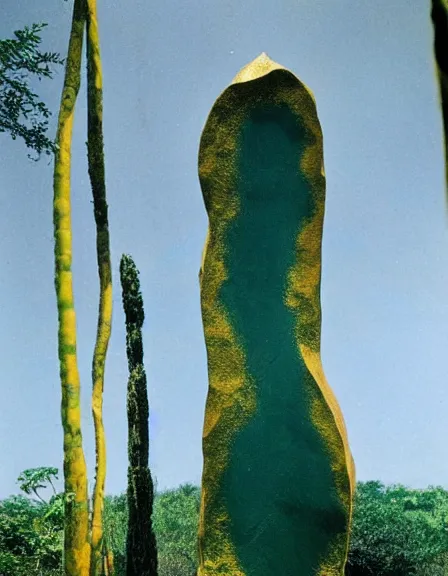 Image similar to vintage color photo of a giant 1 1 0 million years old abstract sculpture made of liquid gold covered by the jungle vines
