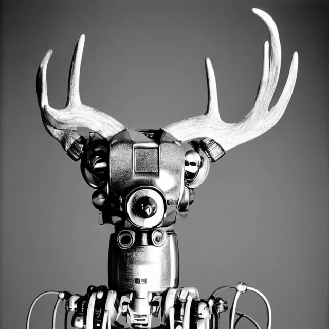 Prompt: Cybernetic robot deer. A close-up studio portrait by Robert Mapplethorpe. Tri-x