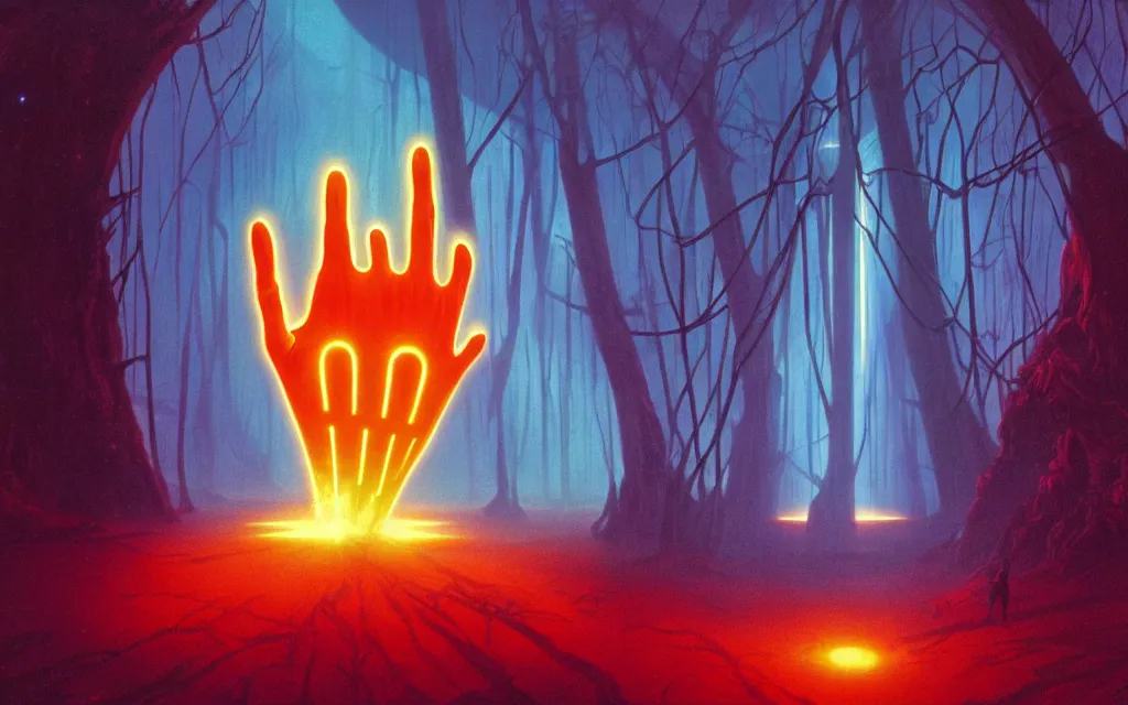 Prompt: sci-fi scene of a holographic giant hand glowing in the center of a dark forest oasis in the desert, atmospheric, mysterious, mist, high detail, concept art, by syd mead and roger deakins