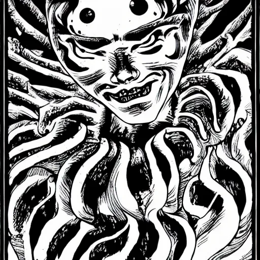 Prompt: award winning, celestial horror, cosmic entity, style of Junji Ito, Lovecraftian, black and white, high resolution, Highly Detailed