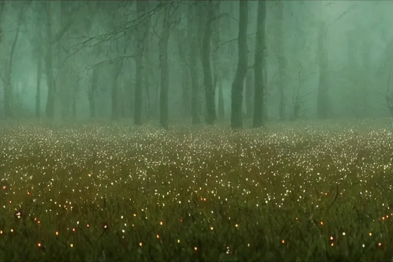 Prompt: meadow of luminous mushrooms in silent hill, hyper detailed, cinematic, shot on 70mm