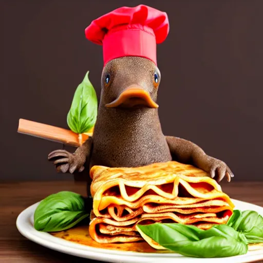 Prompt: platypus wearing a chef hat while holding a lasagna with three basil leaves over the lasagna