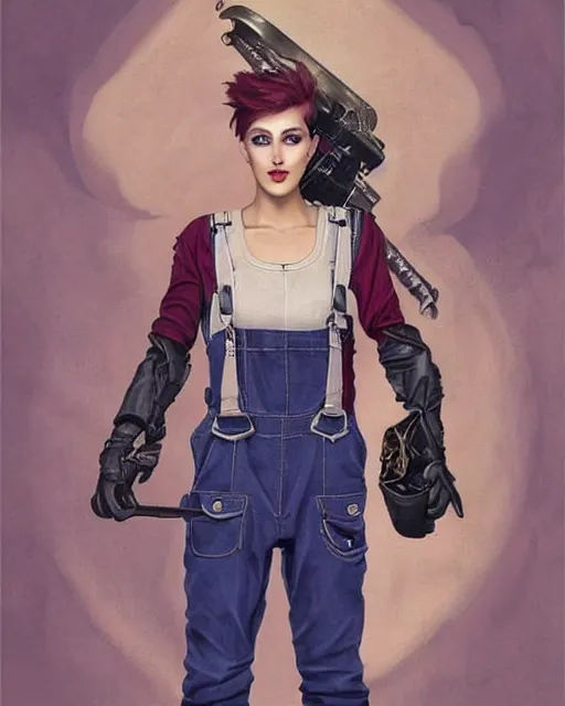 Prompt: a full body portrait beautiful androgynous punk girl with short hair and beautiful eyes, beautiful face, who is a mechanic wearing overalls carrying a bag, digital concept art, detailed digital painting, ornate decorative background, very aesthetic!!!!!!, by j. c. leyendecker and edward blair leighton and charlie bowater, trending on artstation