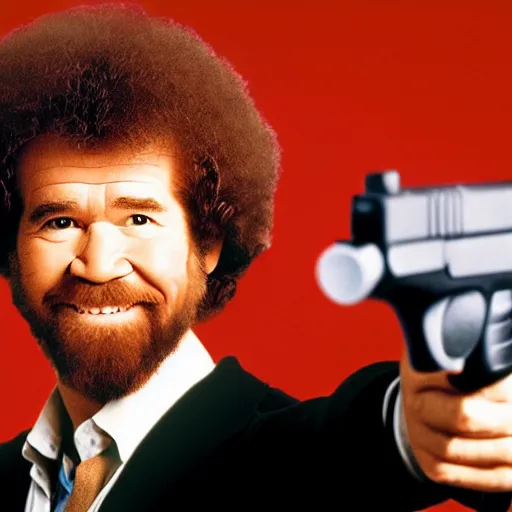 Prompt: Bob Ross holding a pistol pointed at you