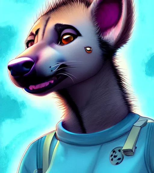 Image similar to digital detailed art of furry female hyena, in style of zootopia, fursona, furry, furaffinity, deviantart, wearing astronaut outfit, floating in space, space background, hyena fursona, cyberpunk, female, detailed face, style of artgerm,