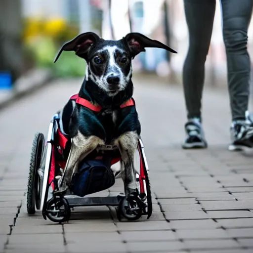 Image similar to retarded dog in wheelchair, realistic photography