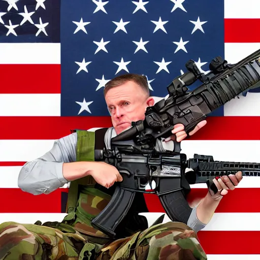 Image similar to kitting holding ar-15 sitting on throne of guns, american flag behind, burning