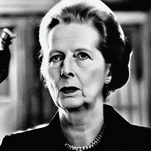 Prompt: A movie still of Margaret Thatcher in The Matrix