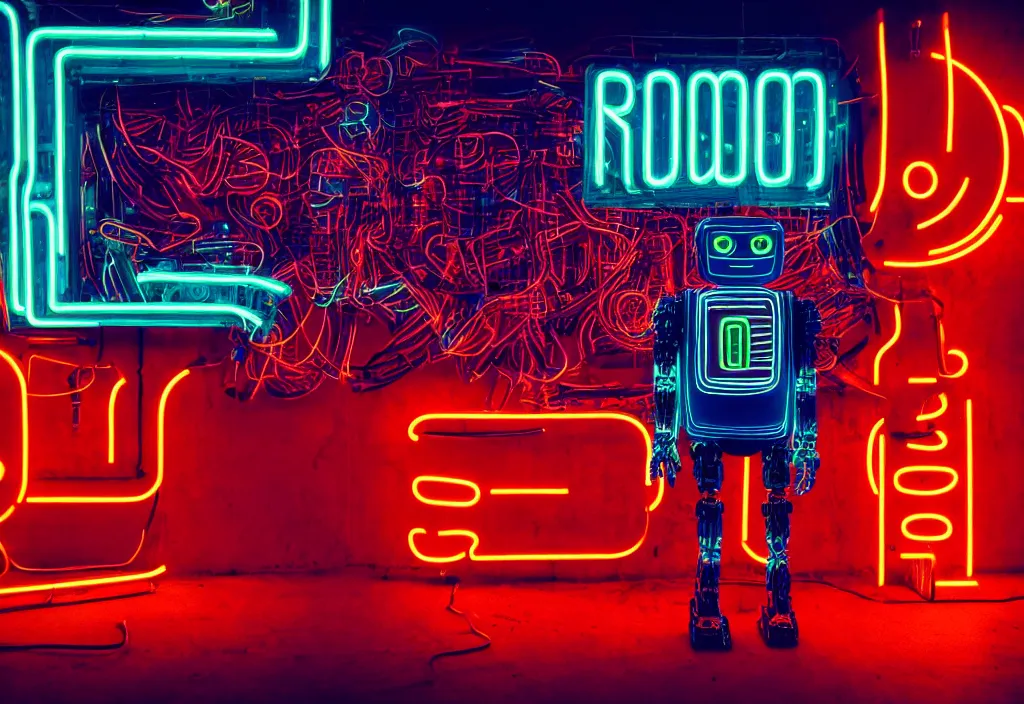 Image similar to a robot made of neon signs, cinematic, surreal, photo, 8k