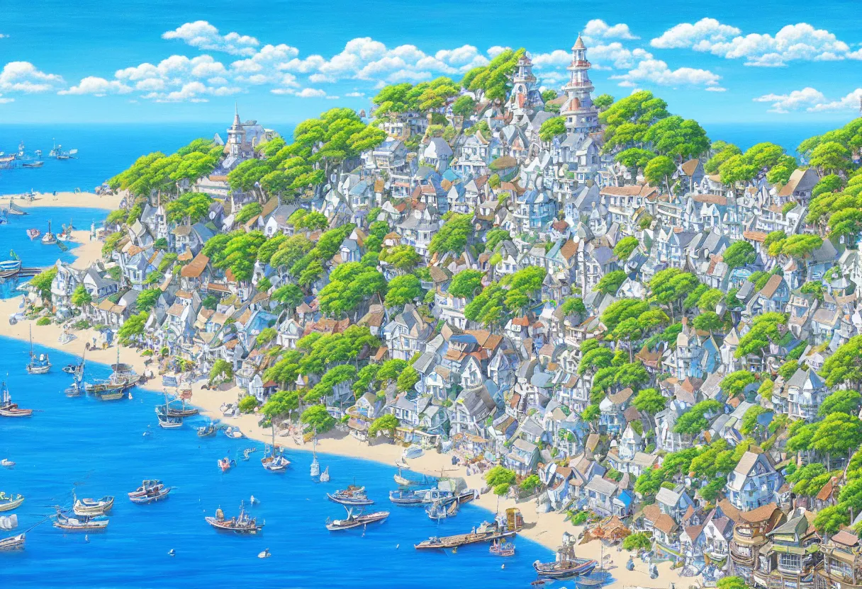 Image similar to a beautiful ultradetailed painting of a seaside town, sunny, close shot, studio ghibli sunlight, archdaily, wallpaper, highly detailed, trending on artstation