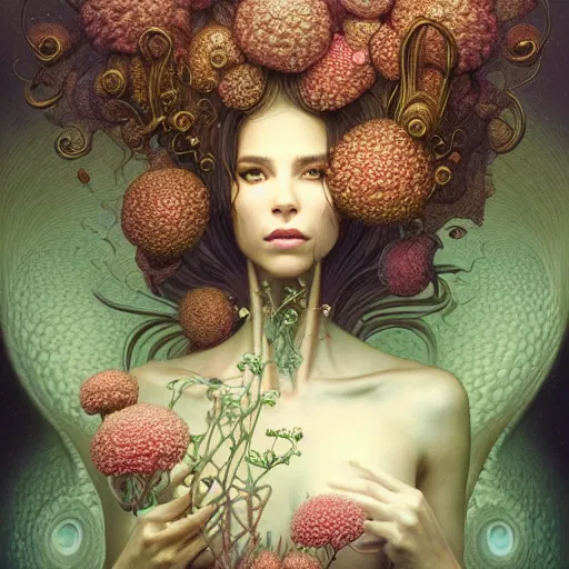 Image similar to a beautiful detailed front view portrait of a woman with ornate growing around, ornamentation, flowers, elegant, beautifully soft lit, golden ratio, full frame, by wayne barlowe, peter mohrbacher, kelly mckernan,