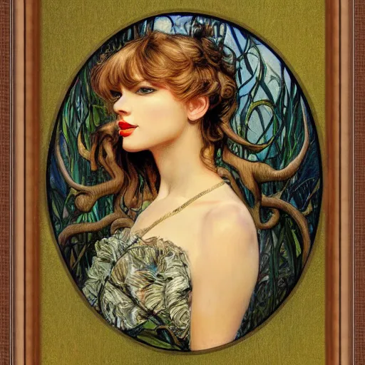 Image similar to romantic painted portrait of taylor swift by james jean, mucha, andrew loomis, masterpiece