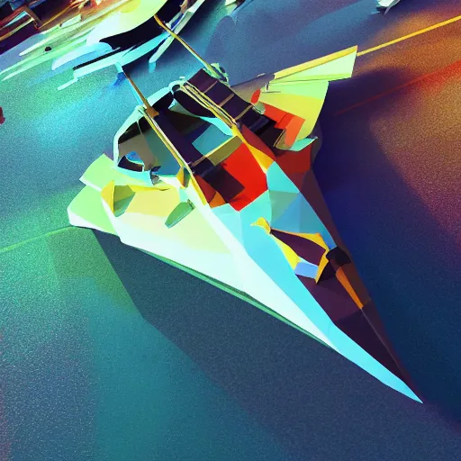 Image similar to super detailed color lowpoly art, big graphic seiner ship, unreal engine, high contrast color palette, 3 d render, lowpoly, colorful, digital art, perspective, full volume composition, syd mead