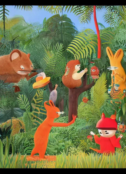 Prompt: rare bird in the jungle, highly detailed, unreal engine render concept art, style of henri rousseau and richard scarry and hiroshi yoshida