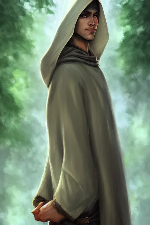 Image similar to beautiful, digital art, portrait painting of a male elf wizard, wearing linen hooded cloth. forest background. artstation, by jisu choe