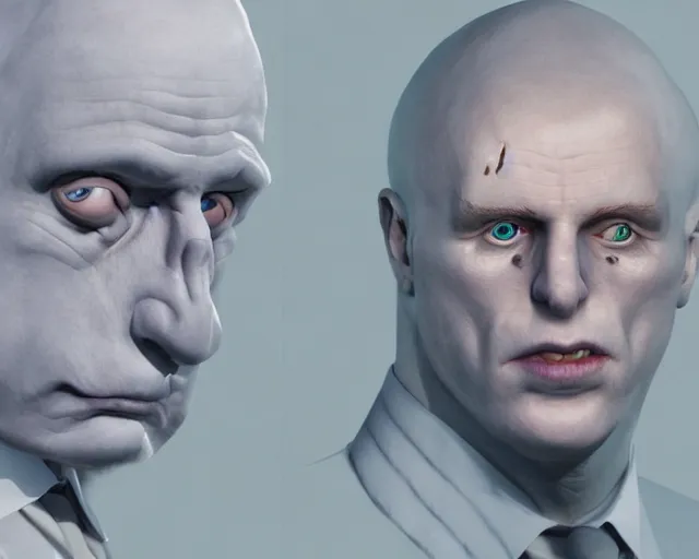 Image similar to boris johnson vs voldemort, character art, by various concept artists, redshift render, hyperrealistic face, photorealistic render