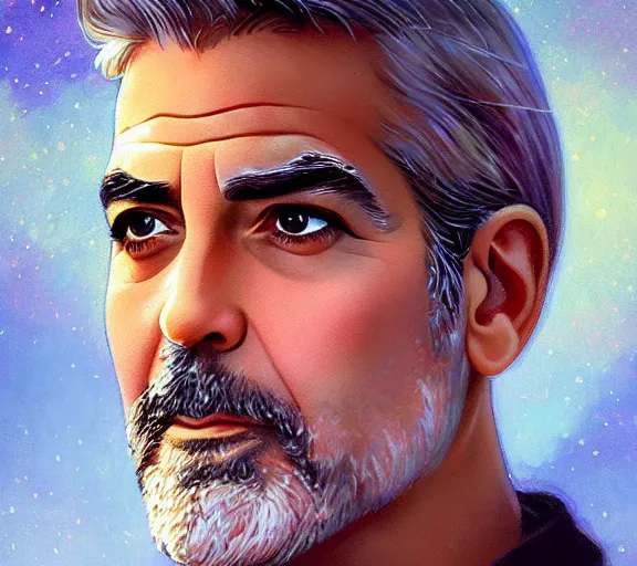 Image similar to portrait of george clooney, fire in eye, snow glow, pool party, highly detailed, digital painting, artstation, sharp focus, illustration, art by tan zi and ayanamikodon and alphonse mucha and wlop