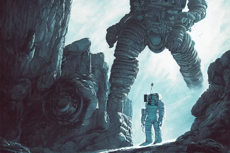 Image similar to Dead Space themed Astronaut approaches a giant monolith, Industrial Scifi, detailed illustration, Chiaroscuro, concept art, by Martin Grip and Moebius