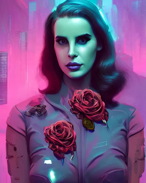 Image similar to portrait of lana del rey as a cyberpunk cyborg. roses, sci - fi, missing panels, intricate abstract, upper body, intricate artwork, by tooth wu, wlop, beeple, dan mumford. concept art, 8 k octane render, deviantart, greg rutkowski, cinematic, key art, hyperrealism, iridescent accents