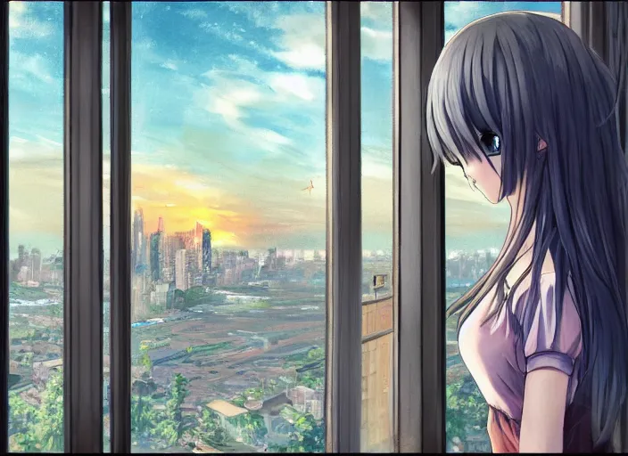 Image similar to anime girl in skirt looking out the window at megopolois and sunset, dynamic composition, motion, ultra-detailed, incredibly detailed, a lot of details, amazing fine details and brush strokes, colorful and grayish palette, smooth, HD semirealistic anime CG concept art digital painting, watercolor oil painting of Clean and detailed post-cyberpunk sci-fi close-up schoolgirl in asian city in style of cytus and deemo, blue flame, relaxing, calm and mysterious vibes,, by a Chinese artist at ArtStation, by Huang Guangjian, Fenghua Zhong, Ruan Jia, Xin Jin and Wei Chang. Realistic artwork of a Chinese videogame, gradients, gentle an harmonic grayish colors. set in half-life 2, Matrix, GITS, Blade Runner, Neotokyo Source, Syndicate(2012), dynamic composition, beautiful with eerie vibes, very inspirational, very stylish, with gradients, surrealistic, dystopia, postapocalyptic vibes, depth of field, mist, rich cinematic atmosphere, perfect digital art, mystical journey in strange world