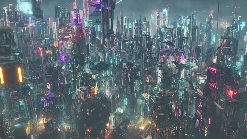 Prompt: cyberpunk city built in the sky, atop clouds, fluorescent led, made in blender, octane render, cinematic, volumetric lighting, futuristic,, hyperrealistic, highly detailed, colourful 4 k hd