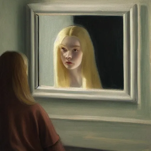 Prompt: Painting of Elle Fanning looking in a haunted mirror, long blonde hair, delicate, pale milky white porcelain skin, by Edward Hopper. 8K. Extremely detailed.