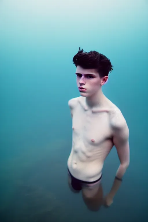 Image similar to high quality pastel coloured film mid angle docu photograph of a beautiful young 2 0 year old male, soft features, short black hair, swimming, submerging in an icelandic black rock pool environment. atmospheric. three point light. photographic. art directed. ( pastel colours ). volumetric light. clearcoat. waves glitch. 8 k. filmic.