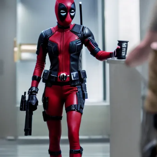 Image similar to film still, Margot Robbie in deadpool suit