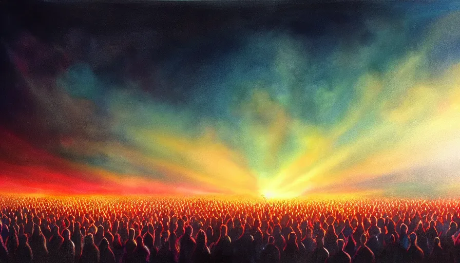 Prompt: painting of a crowd reaching towards the glowing sky, volumetric lighting, nasty, hyperdetailed, realistic