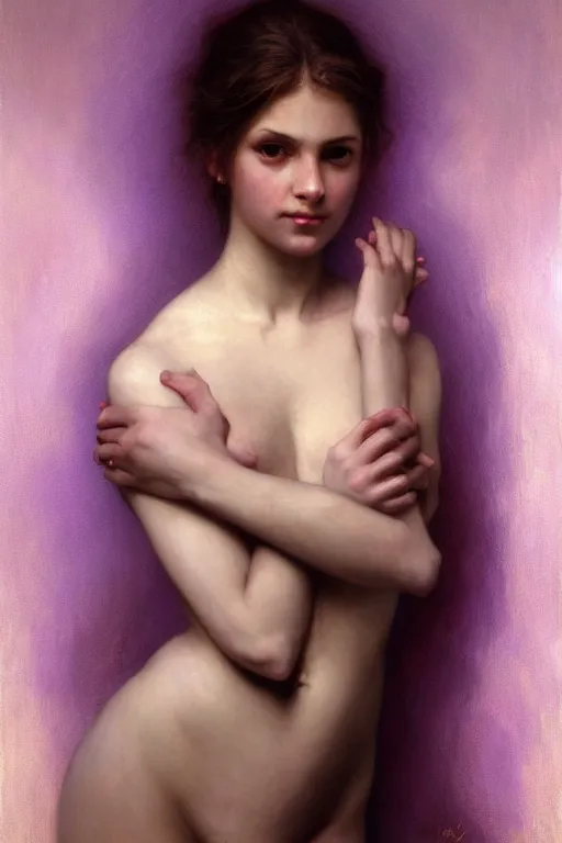 Image similar to Portrait of Amy Rose by bouguereau, abstract purple lighting, intricate, elegant, somber, highly detailed, oil painting, smooth, sharp focus, illustration, art by artgerm and greg rutkowski and zdislav beksinski