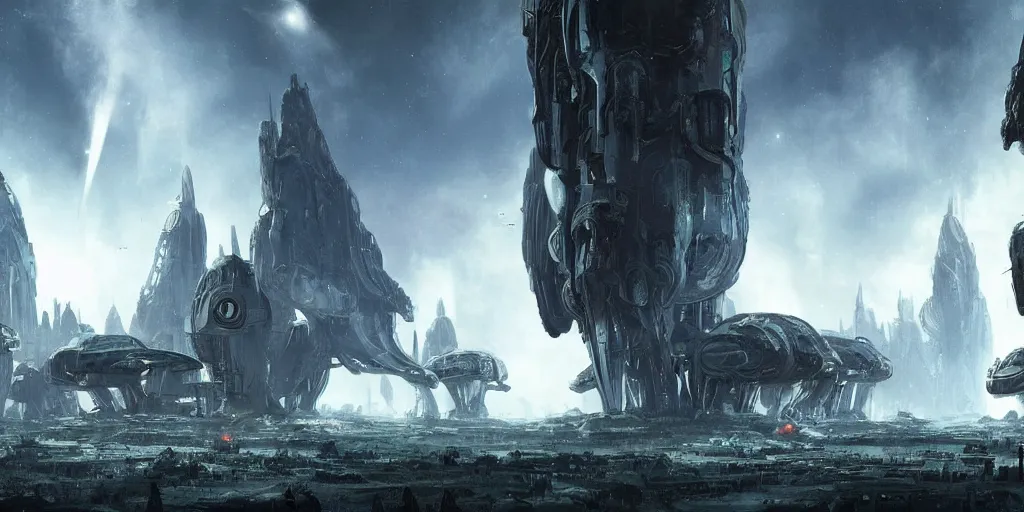 Image similar to small human colony settlement on an alien planet, sci fi, wide shot, style of Aleksi Briclot and Andreas Roch