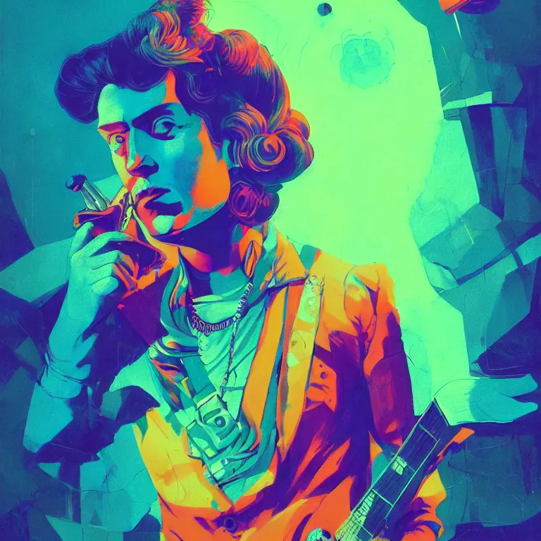 Image similar to duotone trippy 1 9 6 0 s lsd concept illustration portrait of a hippy rock musician on stage. volumetric lighting. golden ratio accidental renaissance. by sachin teng and sergey kolesov and ruan jia and heng z. graffiti art, scifi, fantasy, hyper detailed. octane render. concept art. trending on artstation.