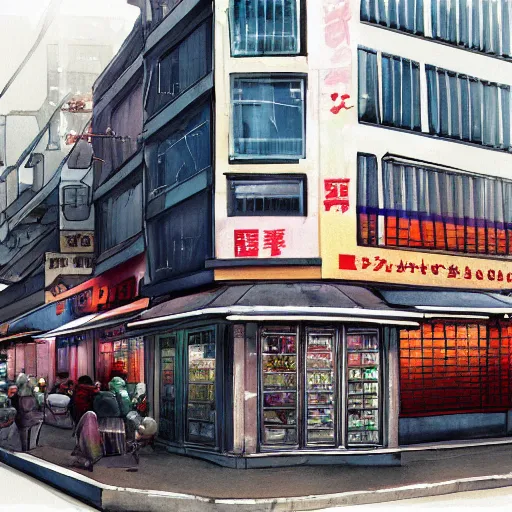 Prompt: Tokyo storefronts facade watercolors in the style Mateusz Urbanowicz,Albert Kiefer, digital art painting artstation global illumination GI AAA SSS