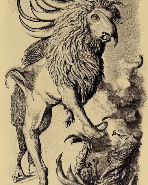 Image similar to a creature with the body and eyes of a man, with the beak of an eagle, the mane of a lion, and the horns of an ox. drawn by francis bacon