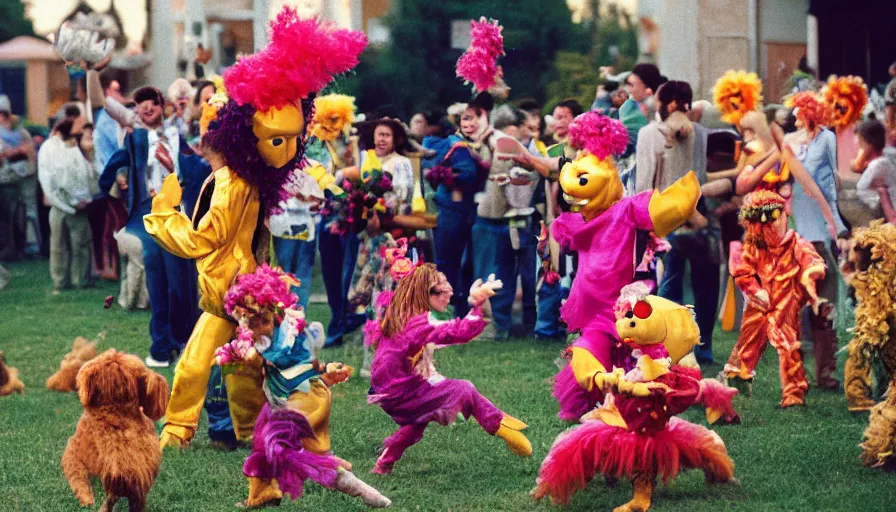 Prompt: 1990s candid 35mm photo of a beautiful day in the living room, cinematic lighting, cinematic look, golden hour, large costumed mascot Flower people dancing for families, Enormous personified flower people with outstandingly happy faces coming out of a portal and showing families how to dance, dogs dancing too, UHD