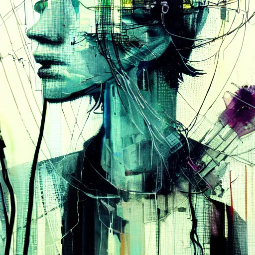 Image similar to a young punk woman lost in a cyberpunk noir glitchcore world of wires, and machines, by jeremy mann, francis bacon and agnes cecile, and dave mckean ink drips, paint smears, digital glitches glitchart