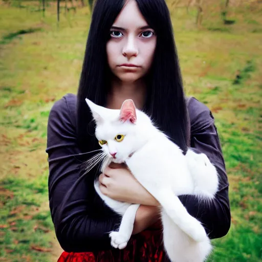 Image similar to a girl with long dark hair holding a cat in her arms, a stock photo by juan villafuerte, pexels contest winner, high quality photo, rtx, hd, shiny eyes, rasquache, a renaissance painting by sailor moon, anime, anime aesthetic