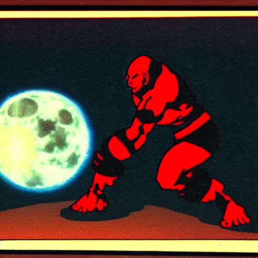 Image similar to picard fighting akuma from street fighter 2 at night with a full moon low in the sky