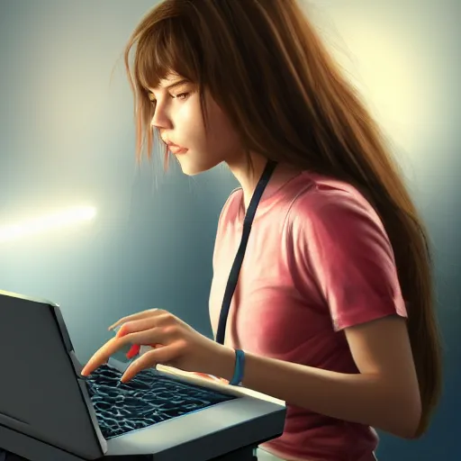 Image similar to realistic teenager using laptop in super tech room, artstation trends, concept art, highly detailed, intricate, sharp focus, digital art, 8 k