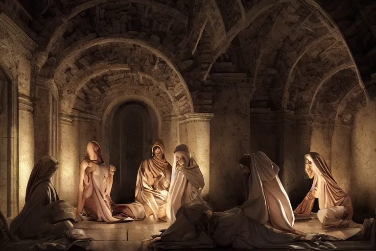 Prompt: inside a tomb, dark scene, light coming in from the left, 3 women in colored robes, 2 angels with feathered wings | medium close | fibonacci composition, by artgerm, greg rutkowski, craig mullins, caravaggio