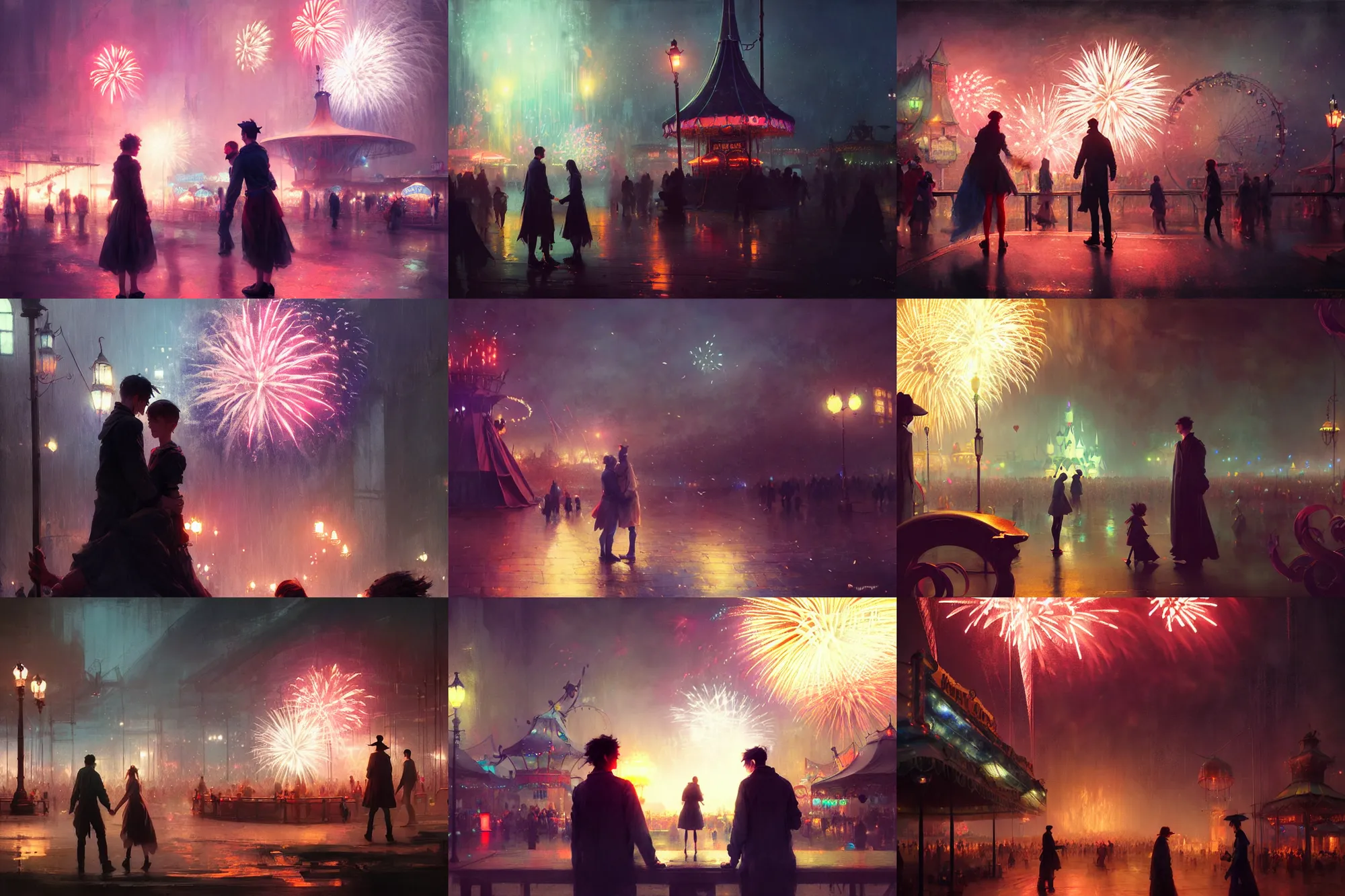 Prompt: two people find love at the witchlight carnival travelling temporary small amusement park, fireworks romantic, night time, high octane filter, 8 k, highly detailed, digital painting, concept art, matte, art by ruan jia and wlop and greg rutkowski and makoto shinkai, masterpiece