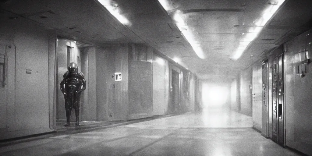 Image similar to a tight shot of a dark Alien ship interior corridor by Ridley Scott, high contrast, Aliens movie, grainy, moody, dark, bleak, ARRIFLEX 35 III Camera