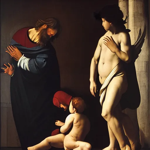 Image similar to 2 angels at the tomb of jesus, caravaggio, velasquez