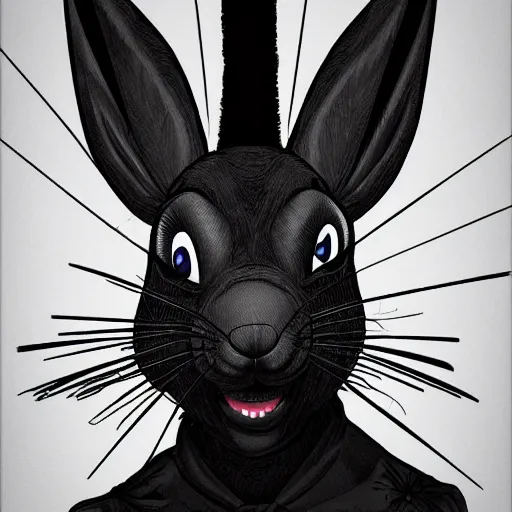 Prompt: A extremely highly detailed majestic hi-res beautiful, highly detailed head and shoulders portrait of a scary terrifying, horrifying, creepy black cartoon rabbit with scary big eyes, earing a shirt laughing, hey buddy, let's be friends, in the art style of Walt Disney