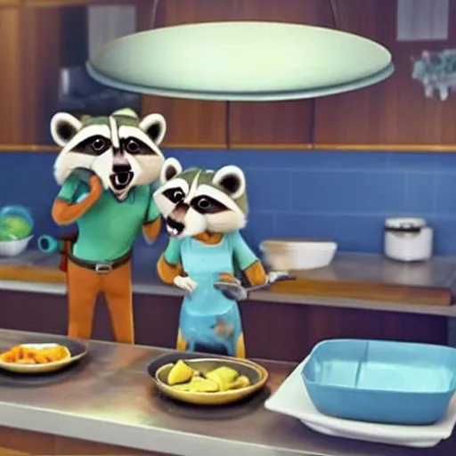 Prompt: two raccoons doing the dishes, pixar style
