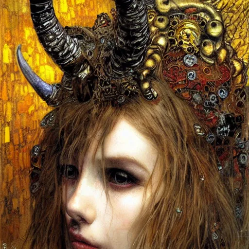 Image similar to horned demon, intricate detail, klimt, royo, whealan,