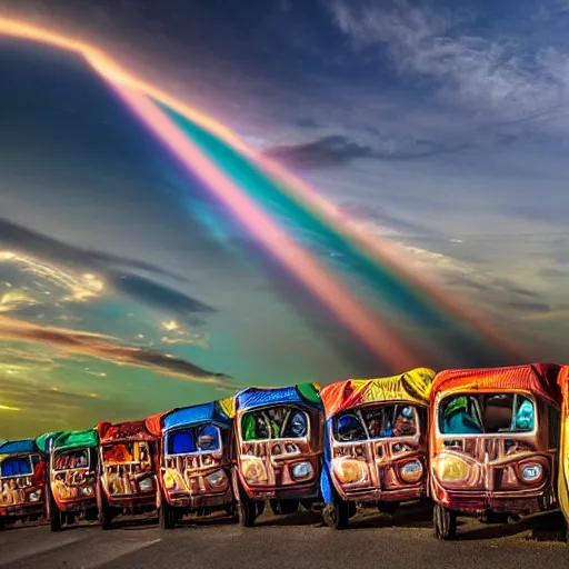 Image similar to a fleet of flying philippine jeepney above the clouds, lens flare, wide shot, digital art