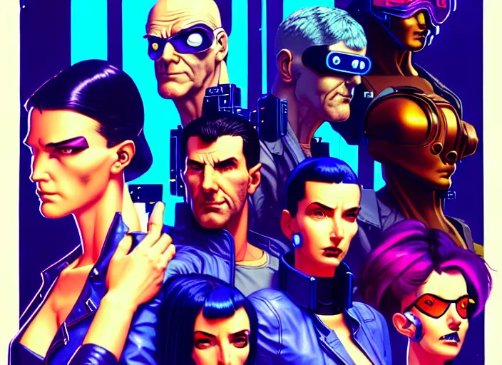 Image similar to cyberpunk heist crew. portrait by stonehouse and mœbius and will eisner and gil elvgren and pixar. character design. realistic proportions. cyberpunk 2 0 7 7 character art, blade runner 2 0 4 9 concept art. cel shading. attractive face. thick lines. the team. diverse characters. artstationhq.